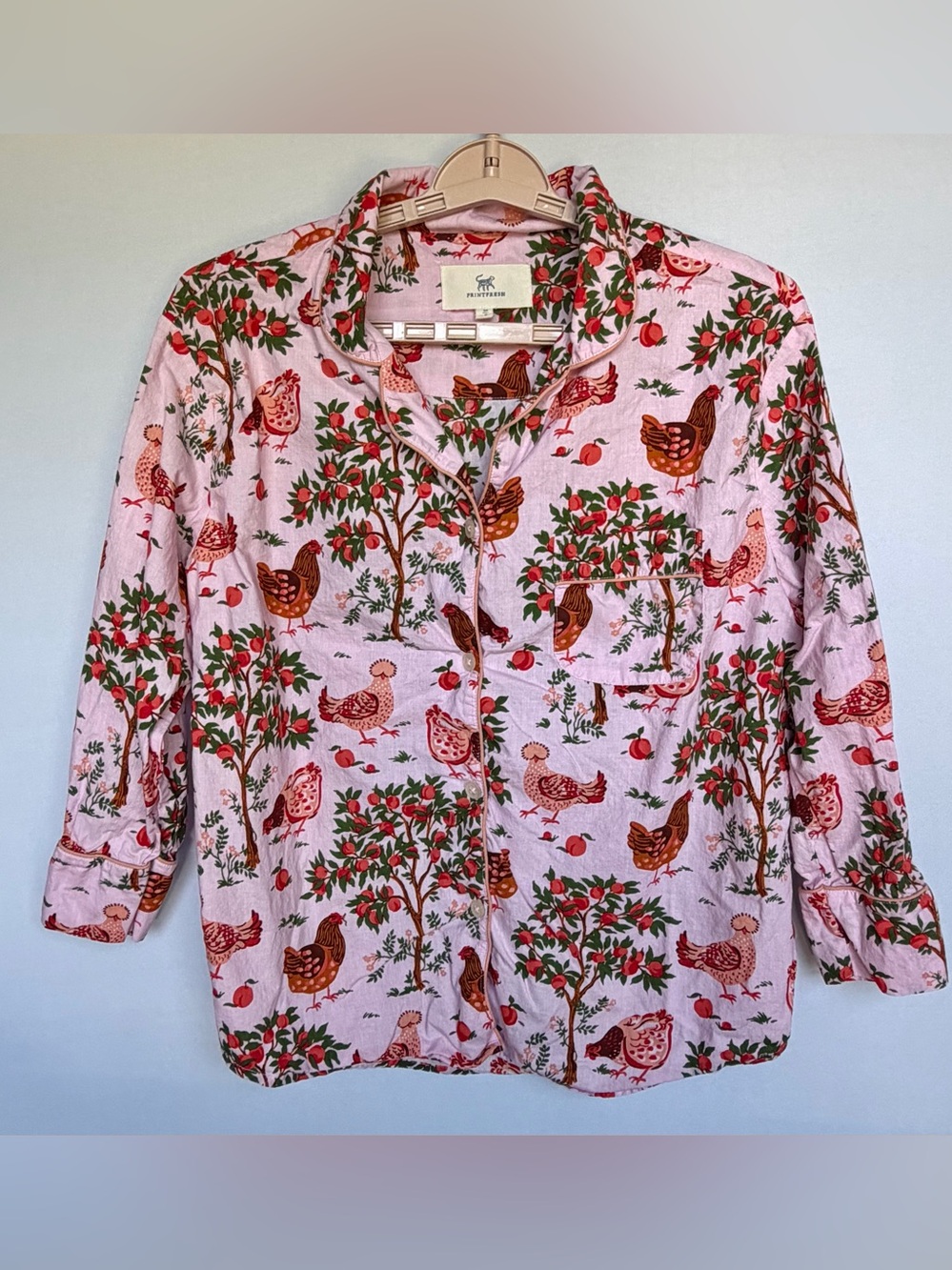 Printfresh Hen House Chicken Orchard Pajama Top Sz M Pink Organic Cotton Cottage - Picture 3 of 16